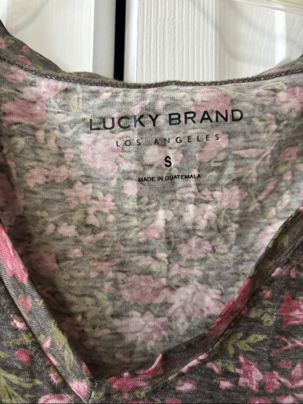 Lucky Brand Olive Green and Pink Floral V-Neck Tee - Picture 3 of 5